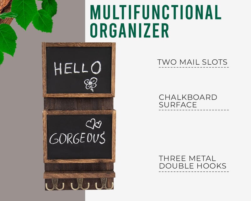 Comfify Rustic 2-Slot Mail Sorter Organizer for Wall with Chalkboard Surface & 3 Double Key Hooks - Wooden Wall Mount Mail Holder Organizer â€“ Entryway Made of Paulownia Wood - Torched Brown - Image 2